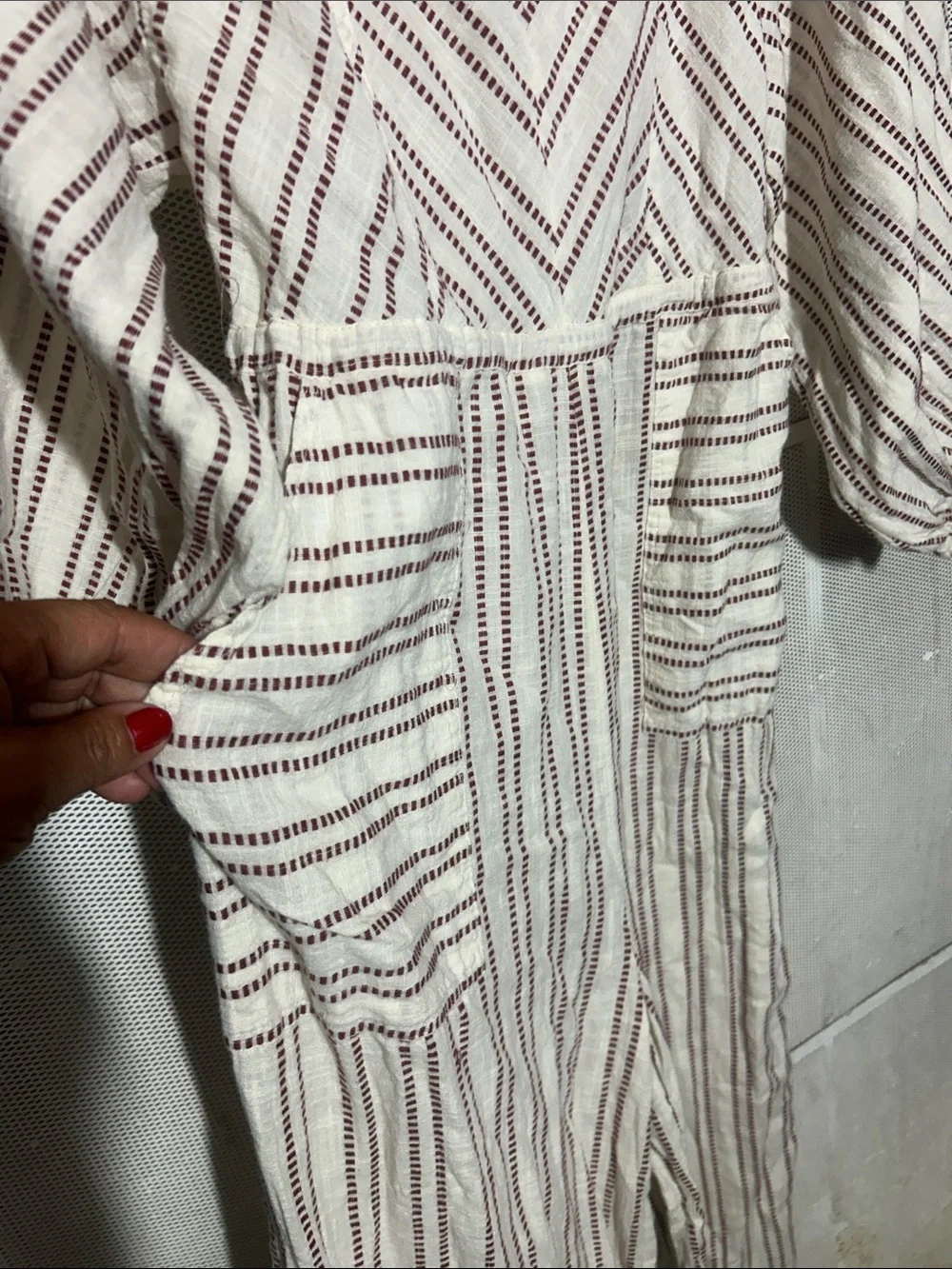 Free People Cream Jumpsuit with Burgundy Stripes